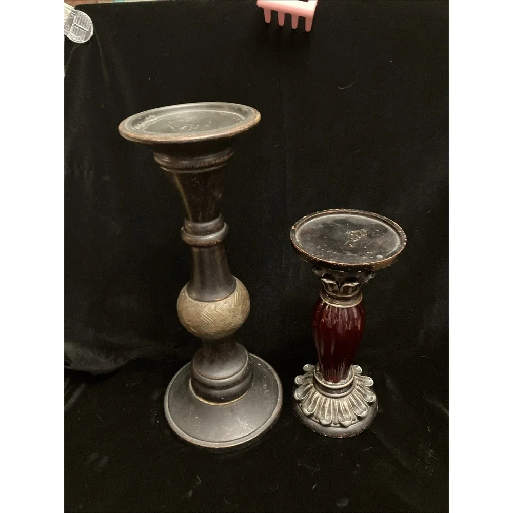 Lot of 2 Pillar Candle Holders, Red Ornate Glass Art Deco & Antiqued Brown Wood